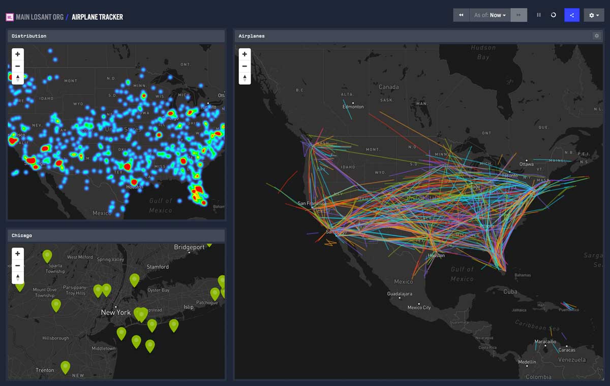 Losant dashboard with airplane geolocation data